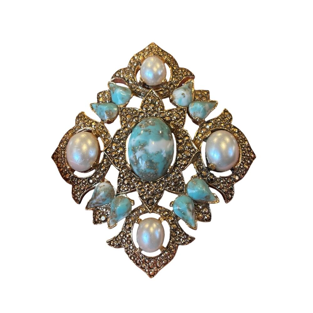 Turquoise Pearl Maltese Cross Brooch Pendant Sarah Coventry Gold Tone Pin - Picture 7 of 11